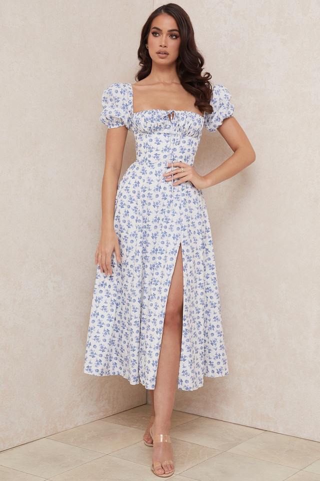 'Tallulah' Blue White Floral Midi Dress